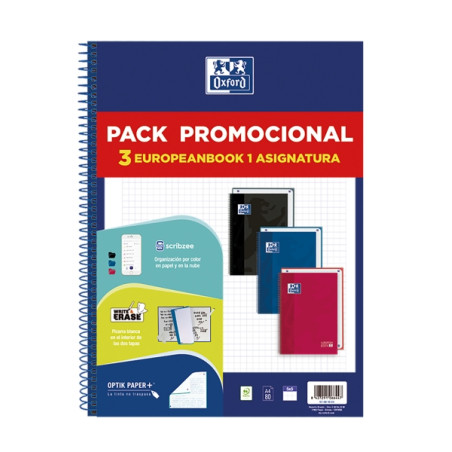 Oxford Europeanbook 1 Classic Pack de 3 Cuadernos Espiral Formato A4+ Cuadriculado 5x5mm