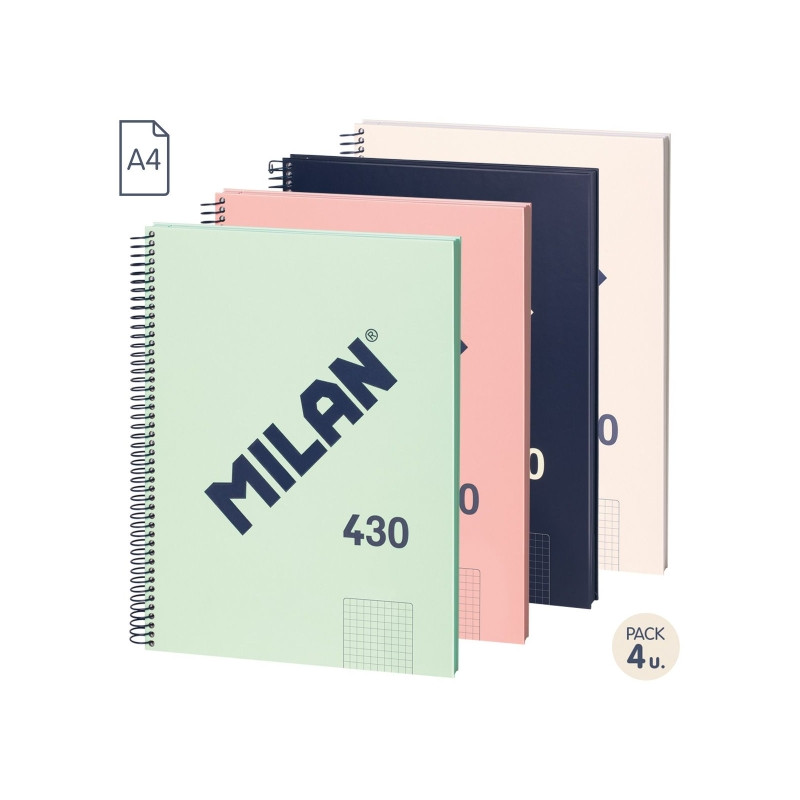 Milan Serie 1918 Pack de 4 Cuadernos Espiral Formato A4 Cuadricula 5x5mm