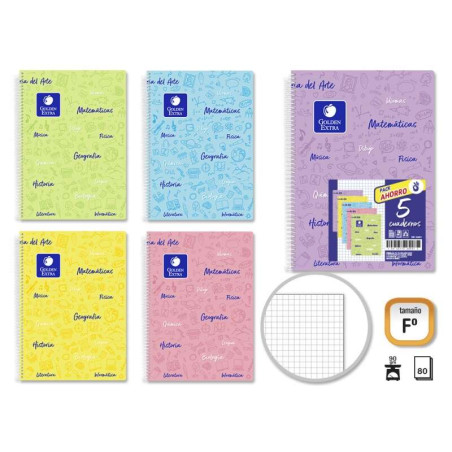 Golden Pack de 5 Cuadernos Asignatura Folio 80 Hojas 90gr Cuadricula 4x4