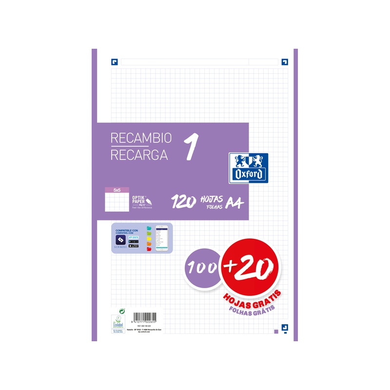Oxford School Recambio A4 120 Hojas Cuadricula 5x5mm