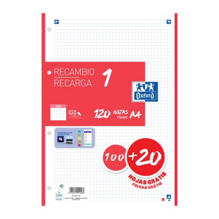 Oxford School Recambio A4 120 Hojas Cuadricula 5x5mm