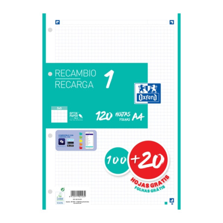 Oxford School Recambio A4 120 Hojas Cuadricula 5x5mm