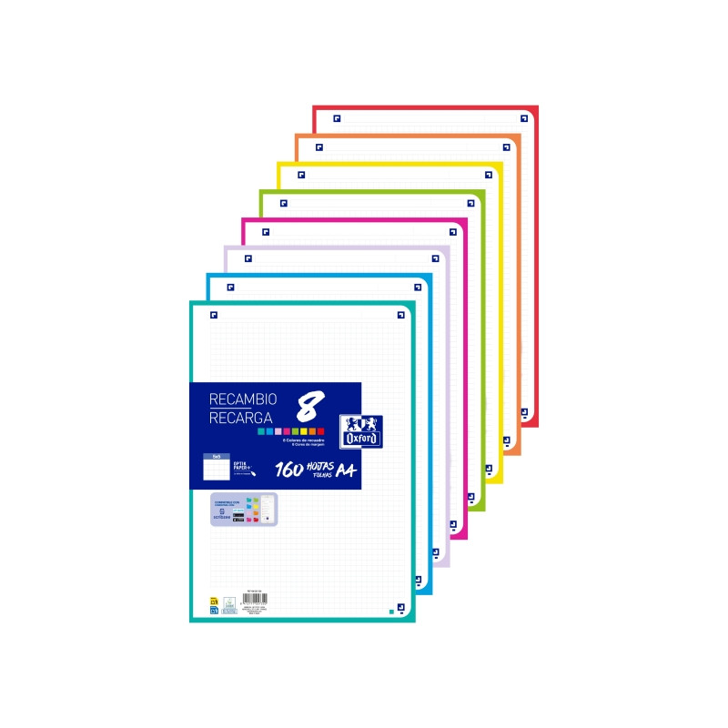 Oxford Recambio de 160 Hojas con 4 Taladros Surtido Formato A4 - Cuadricula 5x5 Enmarcada - Anti