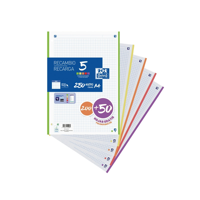 Oxford School Recambio con 250 Hojas A4 Cuadricula 5x5