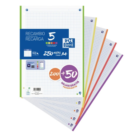Oxford School Recambio con 250 Hojas A4 Cuadricula 5x5