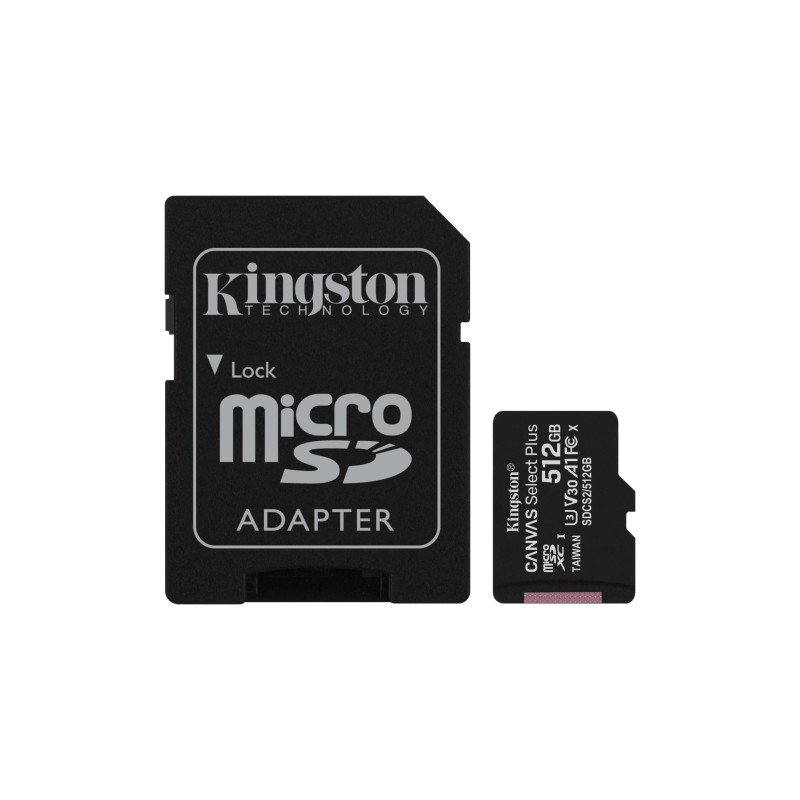 Kingston Tarjeta Micro SDXC 512GB Clase 10 100MB/s Canvas Select Plus + Adaptador SD