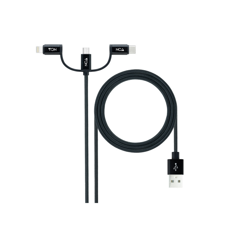 Nanocable Cable USB-A 2.0 Macho a USB-C, MicroUSB, Lightning Macho 1m