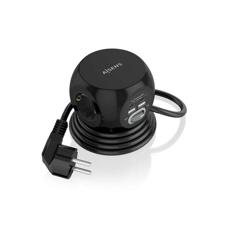 Aisens Regleta de Enchufes Sobremesa Multifuncion con 3 Tomas + 2xUSB-C