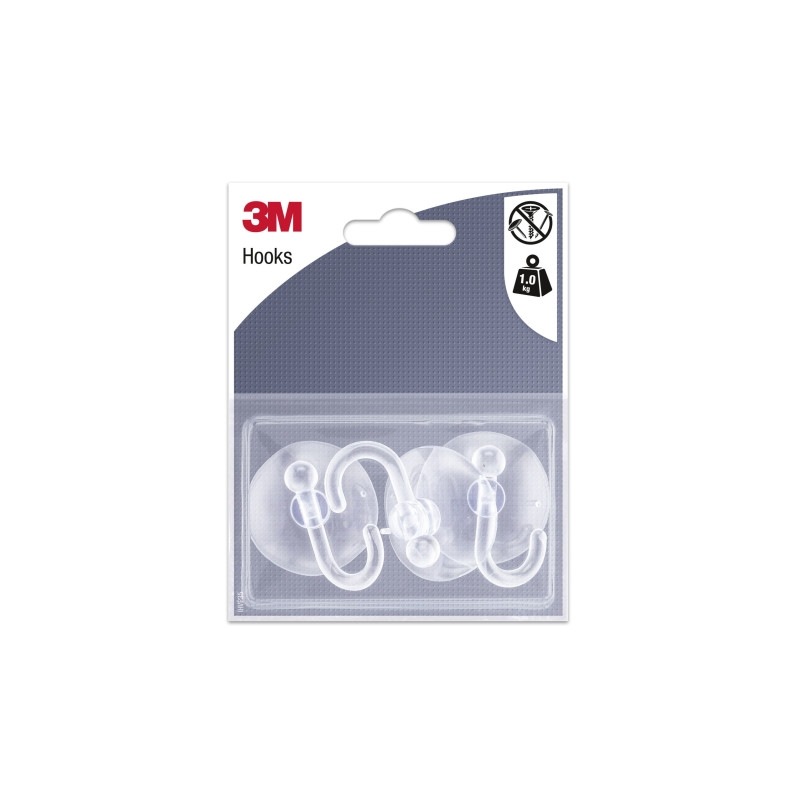 3M Pack de 3 Ganchos de Ventosa - Soporta hasta 1kg - Color Transparente