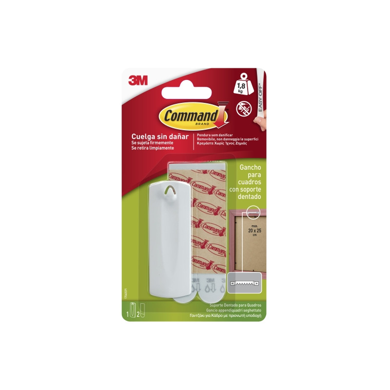 Command Gancho para Cuadros - 2 Tiras Adhesivas - Soporta hasta 1.8kg - Especial Cuadros con Soporte Dentado - Color Blanco