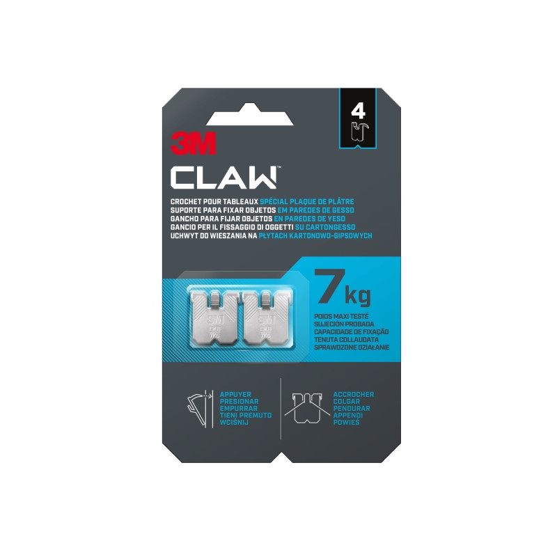 3M Claw Pack de 4 Ganchos de Metal para Paredes de Yeso - Soporta hasta 7kg - Color Gris/Titanio