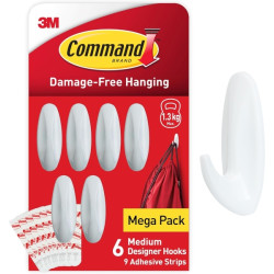 Command Pack de 6 Ganchos de Diseño Medianos - 9 Tiras Adhesivas - Soportan hasta 1.3kg - Color Blanco