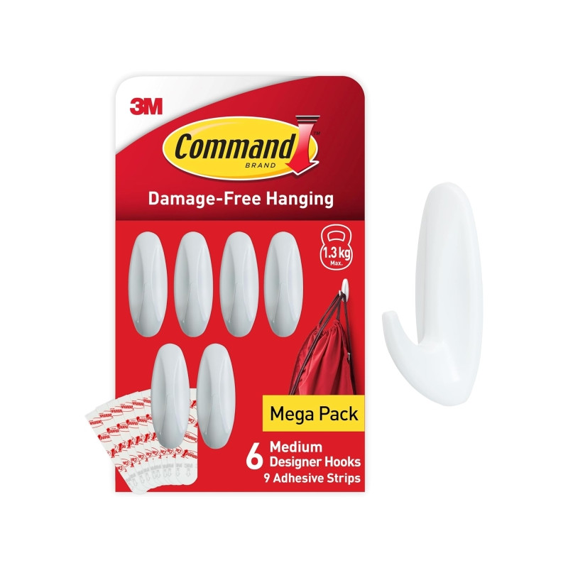 Command Pack de 6 Ganchos de Diseño Medianos - 9 Tiras Adhesivas - Soportan hasta 1.3kg - Color Blanco