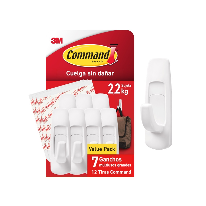 Command Pack de 7 Ganchos Grandes - 12 Tiras Adhesivas - Soporta hasta 2.2kg - Color Blanco