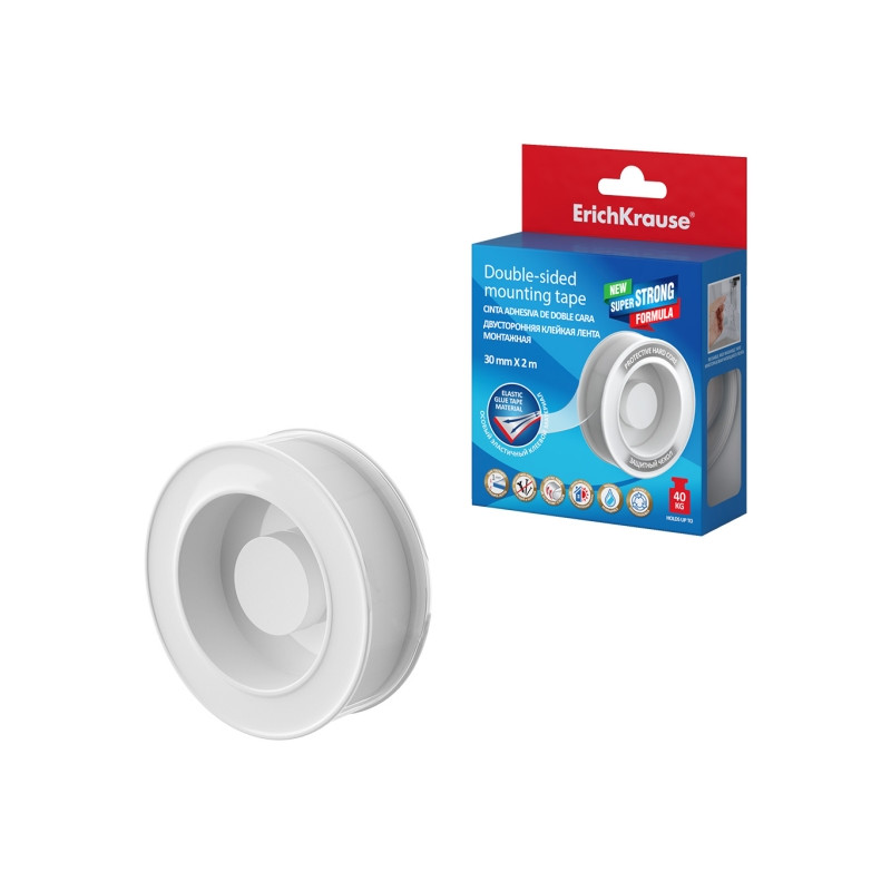 ErichKrause Cinta Adhesiva de Doble Cara - 1mm de Grosor - Soporta hasta 40kg/m2 - 30mm de Ancho - 2 Metros - Alta Adhesion