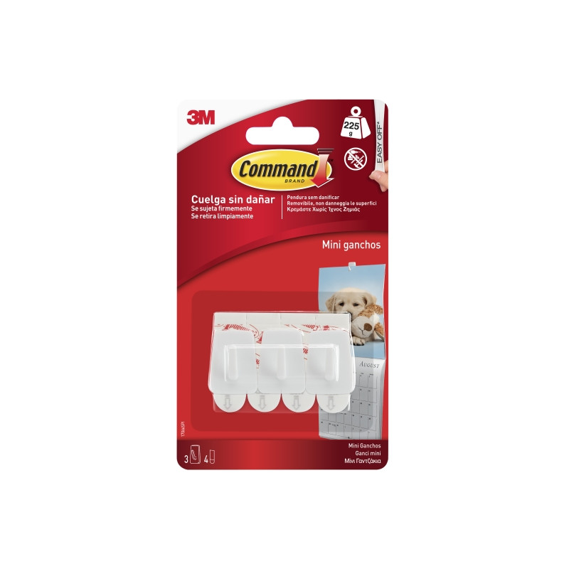 Command Mini Pack de 3 Ganchos - 4 Tiras Adhesivas - Soportan hasta 225G - Color Blanco