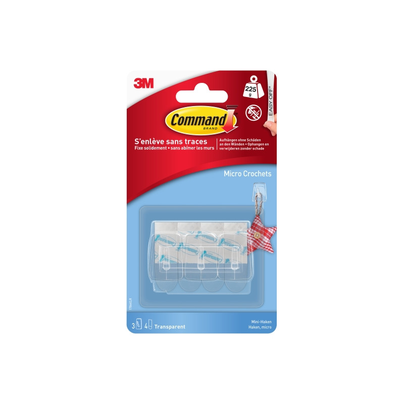 Command Mini Pack de 3 Ganchos - 4 Tiras Adhesivas - Soportan hasta 225G - Color Transparente