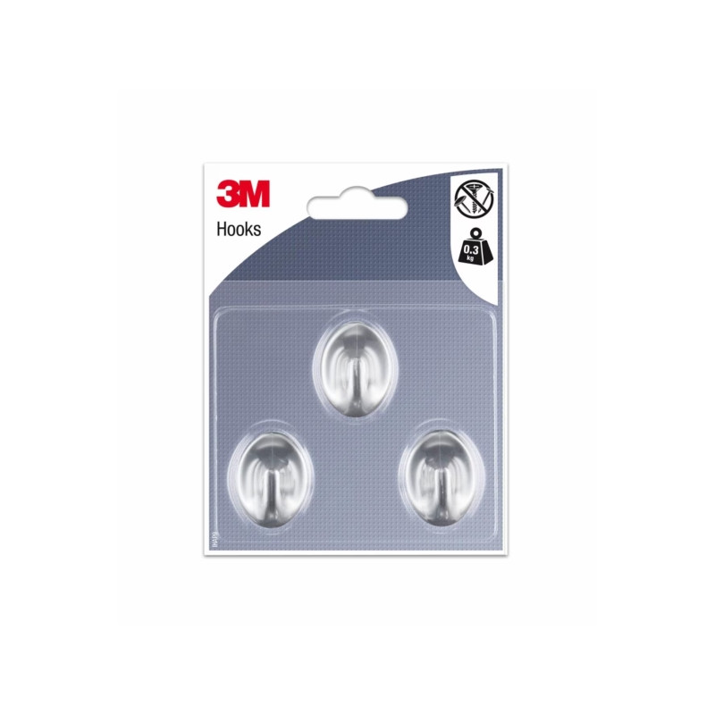 3M Pack de 3 Ganchos Adhesivos Ovalados - Formato S - Soporta hasta 0.3kg - Color Gris Metalizado