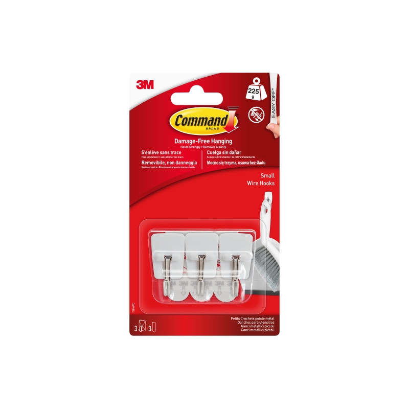 Command Pack de 3 Ganchos Compactos - Punta de Alambre - 3 Tiras Adhesivas - Soporta hasta 225G - Talla S - Color Blanco