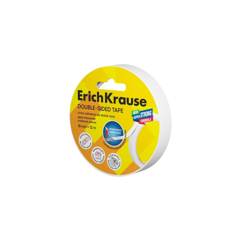 ErichKrause Cinta Adhesiva de Doble Cara - 1mm de Grosor - 18mm de Ancho - 12 Metros - Alta Adhesion - Base de Papel Extraible