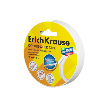 ErichKrause Cinta Adhesiva de Doble Cara - 1mm de Grosor - 18mm de Ancho - 12 Metros - Alta Adhesion - Base de Papel Extraible
