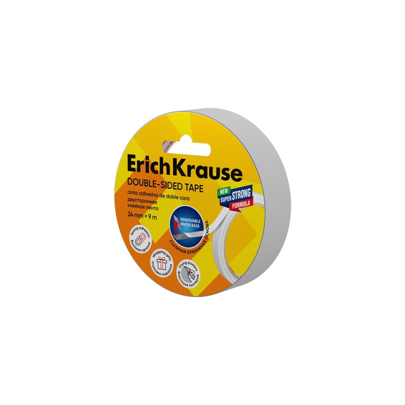 ErichKrause Cinta Adhesiva de Doble Cara - 1mm de Grosor - 24mm de Ancho - 9 Metros - Alta Adhesion - Base de Papel Extraible