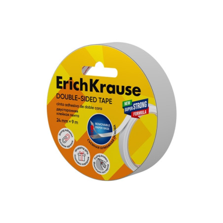 ErichKrause Cinta Adhesiva de Doble Cara - 1mm de Grosor - 24mm de Ancho - 9 Metros - Alta Adhesion - Base de Papel Extraible
