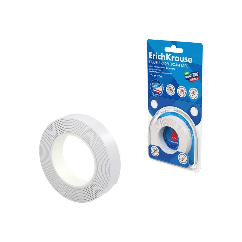 ErichKrause Cinta Adhesiva de Doble Cara - Espuma - Soporta hasta 4kg/m2 - 1mm de Grosor - 12mm de Ancho - 2 Metros - Alta
