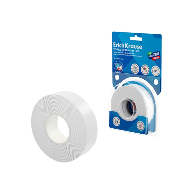 ErichKrause Cinta Adhesiva de Doble Cara - Espuma - Soporta hasta 8kg/m2 - 1mm de Grosor - 24mm de Ancho - 5 Metros - Alta