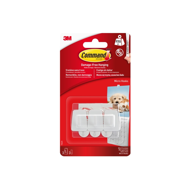 Command Mini Pack de 3 Ganchos - 3 Tiras Adhesivas - Soportan hasta 225G - Color Blanco