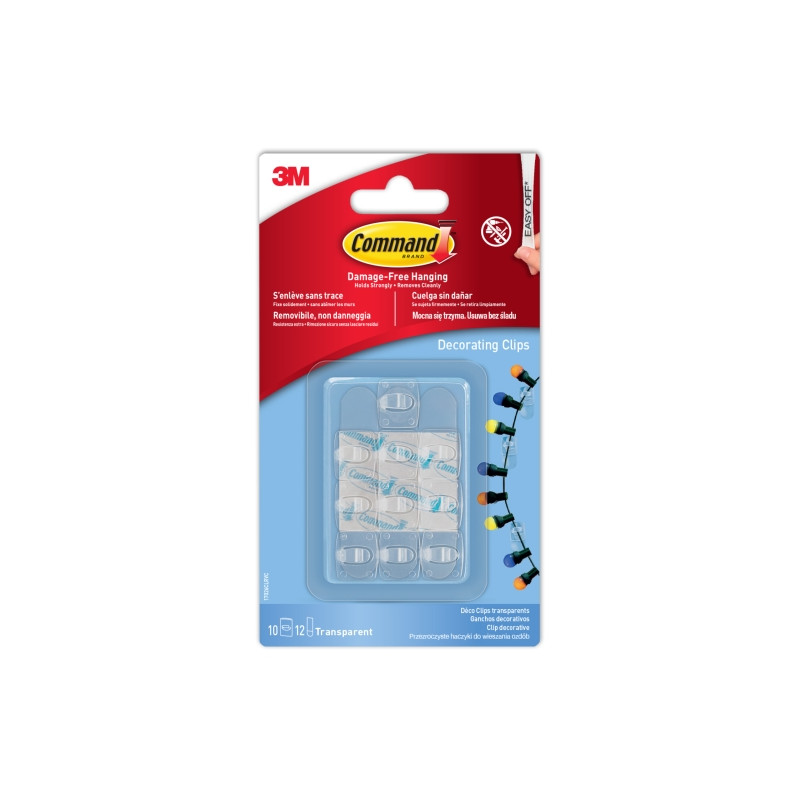 Command Pack de 10 Ganchos para Luces - Sujeccion de Clip - 12 Tiras Adhesivas - Color Transparente