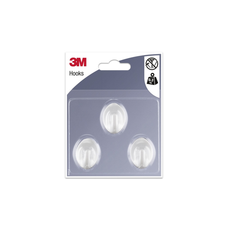 3M Pack de 3 Ganchos Adhesivos Ovalados - Formato S - Soporta hasta 0.3kg - Color Blanco