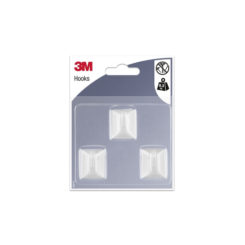 3M Pack de 3 Ganchos Adhesivos Rectangulares - Formato S - Soporta hasta 0.3kg - Color Blanco