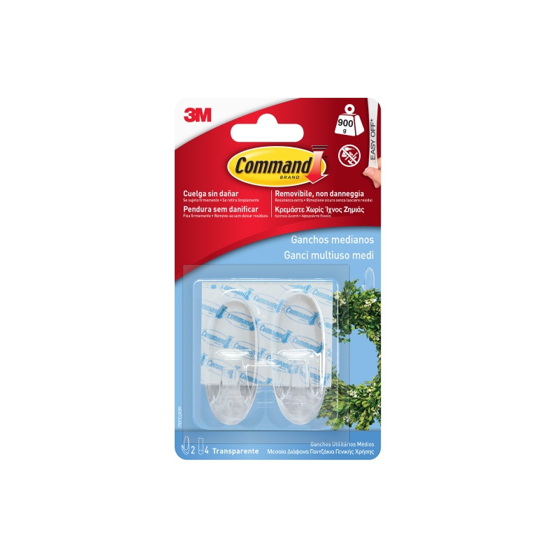 Command Pack de 2 Ganchos Medianos - 4 Tiras Adhesivas - Soporta hasta 0.9kg - Color Transparente