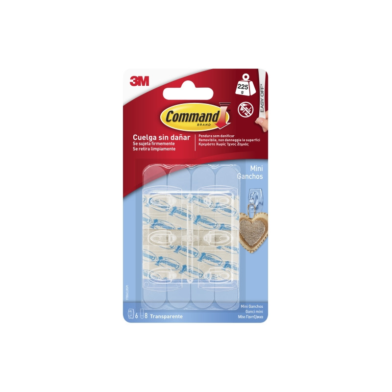 Command Mini Pack de 6 Ganchos - 8 Tiras Adhesivas - Soportan hasta 225G - Color Transparente
