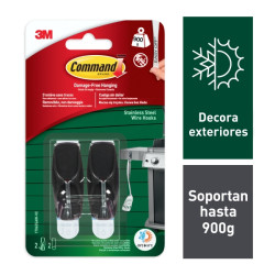 Command Pack de 2 Ganchos para Exterior - 2 Tiras Adhesivas - Soporta hasta 0.9kg - Punta Metalizada - Color Negro
