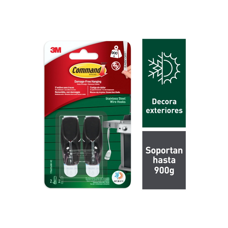 Command Pack de 2 Ganchos para Exterior - 2 Tiras Adhesivas - Soporta hasta 0.9kg - Punta Metalizada - Color Negro