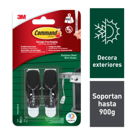 Command Pack de 2 Ganchos para Exterior - 2 Tiras Adhesivas - Soporta hasta 0.9kg - Punta Metalizada - Color Negro