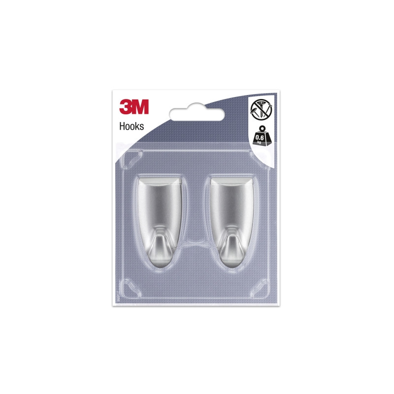 3M Pack de 2 Ganchos Adhesivos Modernos - Formato M - Soporta hasta 0.6kg - Color Gris Metalizado