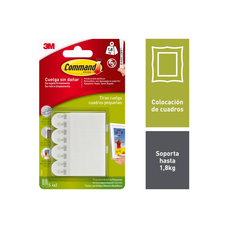 Command Pack de 4 Tiras para Colgar Cuadros - Talla S - Soporta hasta 1.8kg - Color Blanco