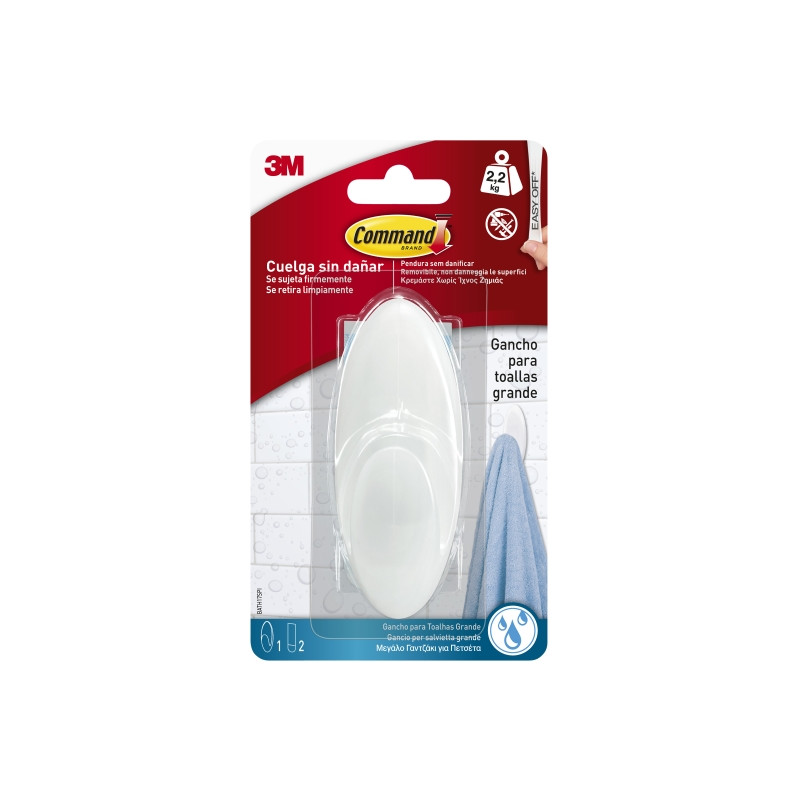 Command Gancho Grande para Toallas - Resistente al Agua - 1 Tira Adhesiva - Soporta hasta 2.2kg - Color Blanco
