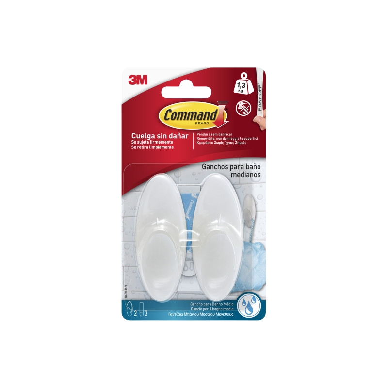 Command Pack de 2 Ganchos Medianos para Aseo - Resistente al Agua - 3 Tiras Adhesivas - Soporta hasta 1.3kg - Color Blanco