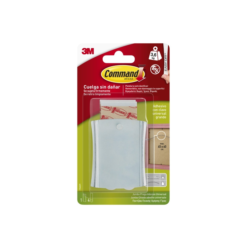Command Universal Soporte Adhesivo con Clavo para Colgar - 4 Tiras Adhesivas - Extragrande - Soporta hasta 3.6kg - Color Gris