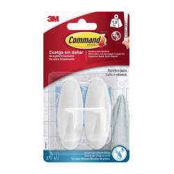Command Pack de 2 Ganchos Medianos para Aseo - Resistente al Agua - 4 Tiras Adhesivas - Soporta hasta 1.3kg - Color Blanco