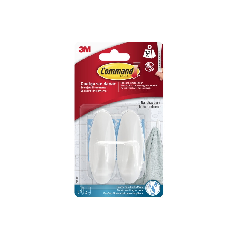 Command Pack de 2 Ganchos Medianos para Aseo - Resistente al Agua - 4 Tiras Adhesivas - Soporta hasta 1.3kg - Color Blanco