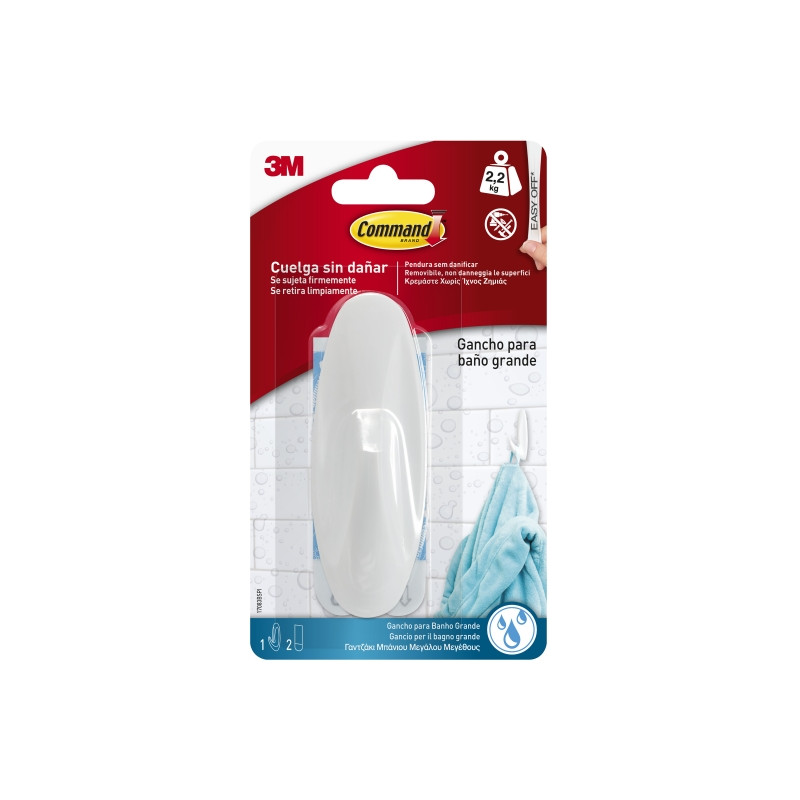 Command Gancho Grande para Aseo - Resistente al Agua - 2 Tiras Adhesivas - Soporta hasta 2.2kg - Color Blanco