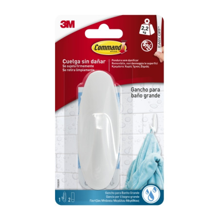 Command Gancho Grande para Aseo - Resistente al Agua - 2 Tiras Adhesivas - Soporta hasta 2.2kg - Color Blanco