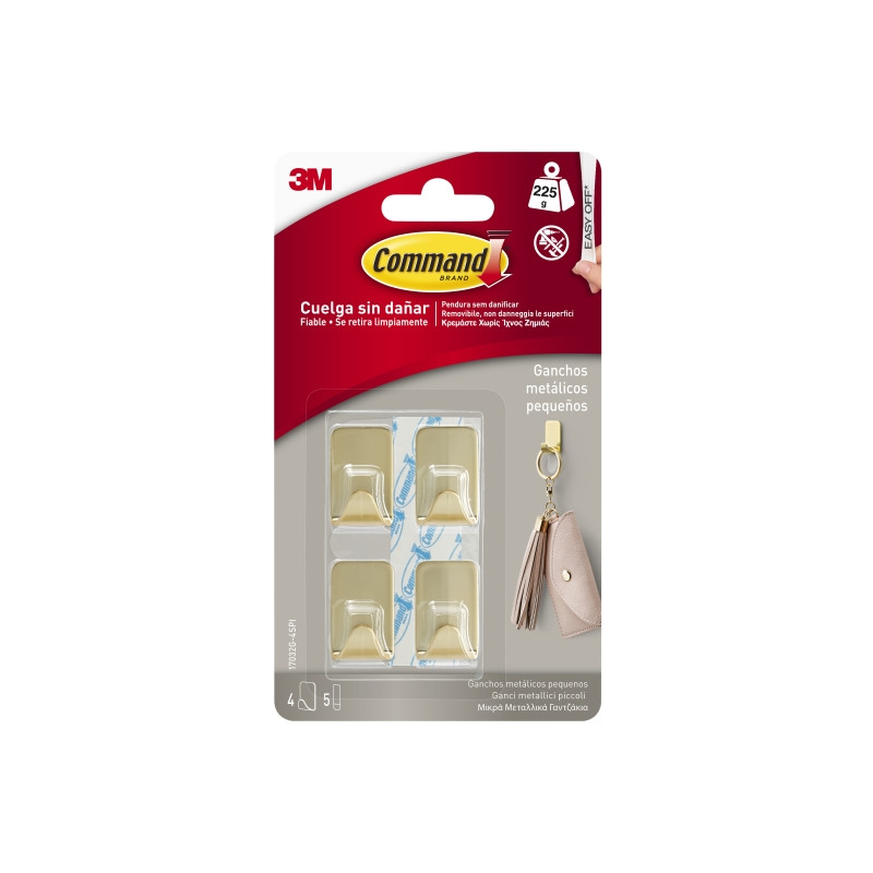 Command Pack de 4 Ganchos Compactos - Metalizado - 5 Tiras Adhesivas - Soporta hasta 225G - Talla S - Color Dorado