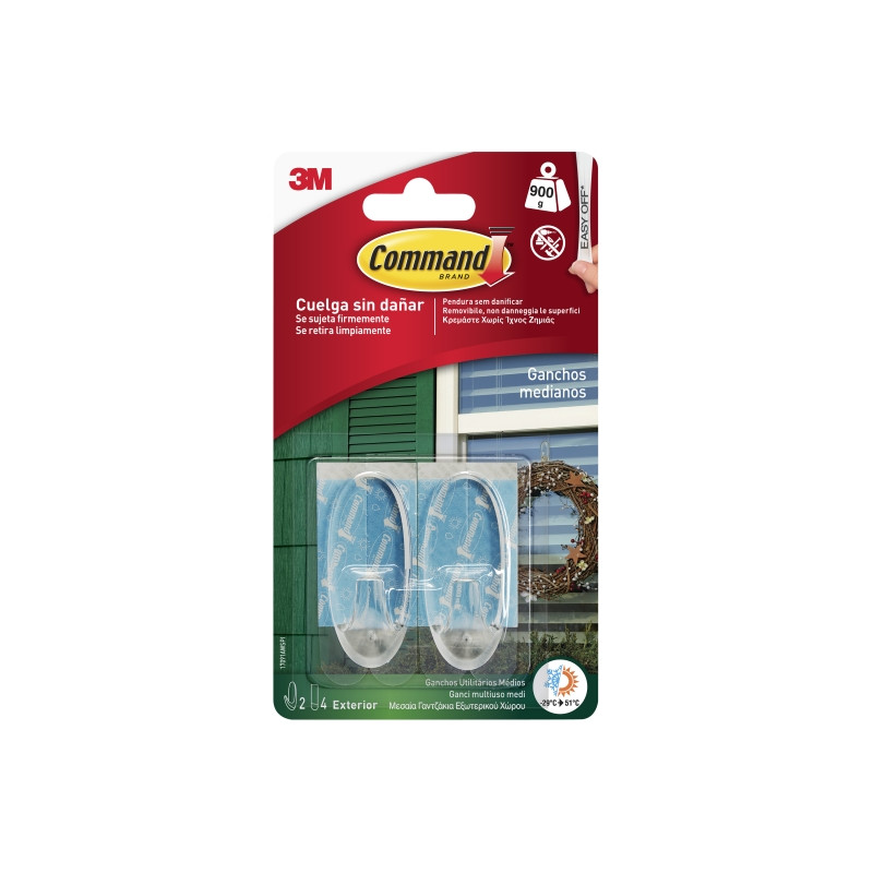 Command Pack de 2 Ganchos Medianos - para Uso en Exterior - 4 Tiras Adhesivas - Soporta hasta 0.9kg - Color Transparente