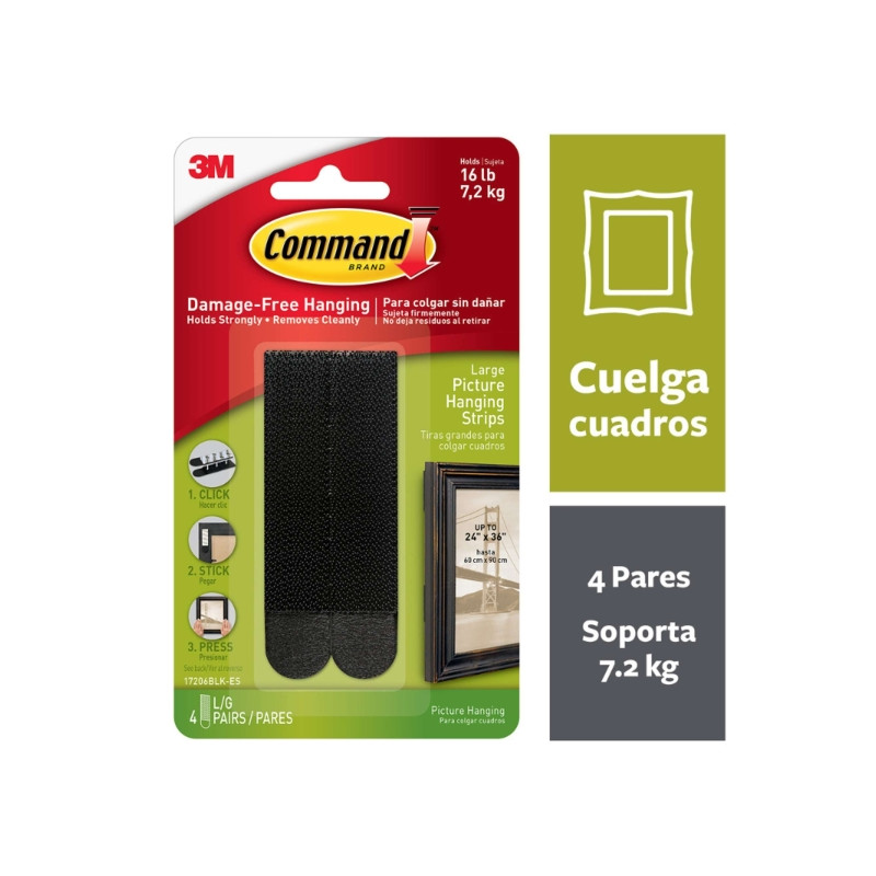 Command Pack de 8 Tiras Adhesivas para Colgar Cuadros - 4 Pares L - Soporta hasta 7.2kg - Color Negro